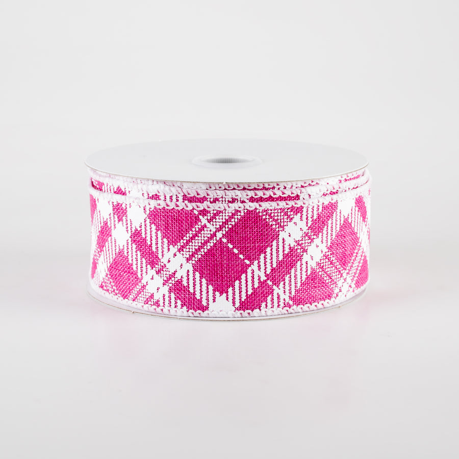 1.5" Linen Sandra Diagonal Plaid Ribbon: Hot Pink (10 Yards)