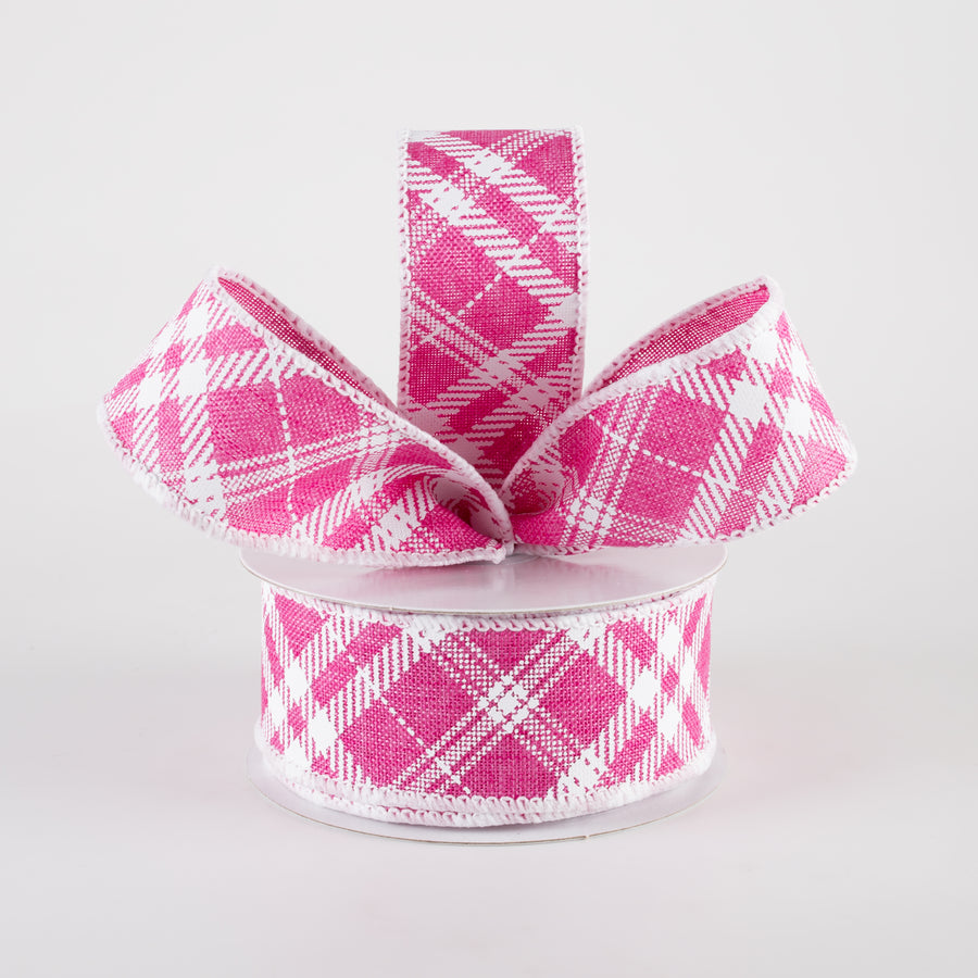 1.5" Linen Sandra Diagonal Plaid Ribbon: Hot Pink (10 Yards)