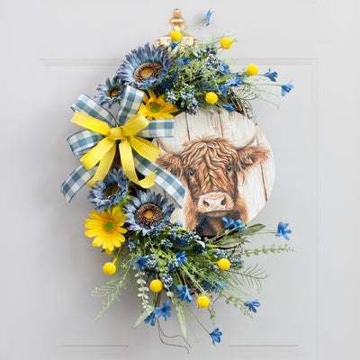 10.5" Round Waterproof Accent Sign: Highland Cow on Wood