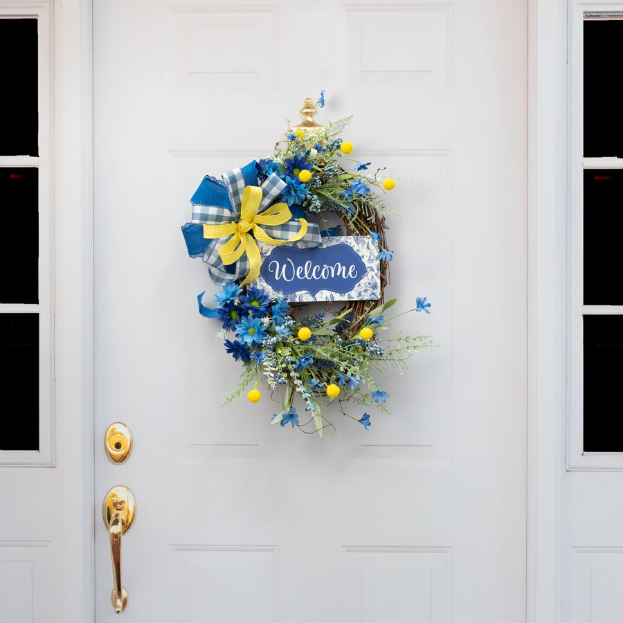 10.5" Waterproof Sign: Scalloped Welcome Blue Floral Chinoiserie