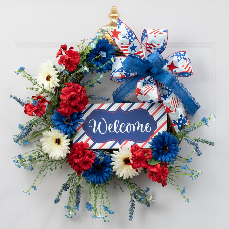 10.5" Waterproof Sign: Scalloped Welcome Light Blue Patriotic