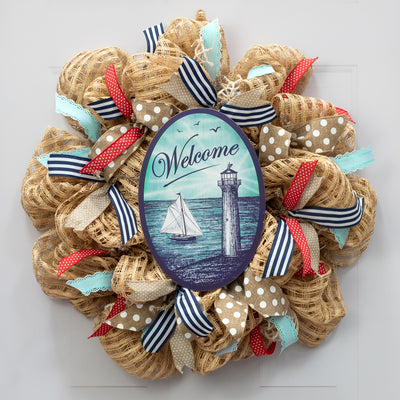 13" Oval Wooden Sign: Welcome Sailboat Lighthouse