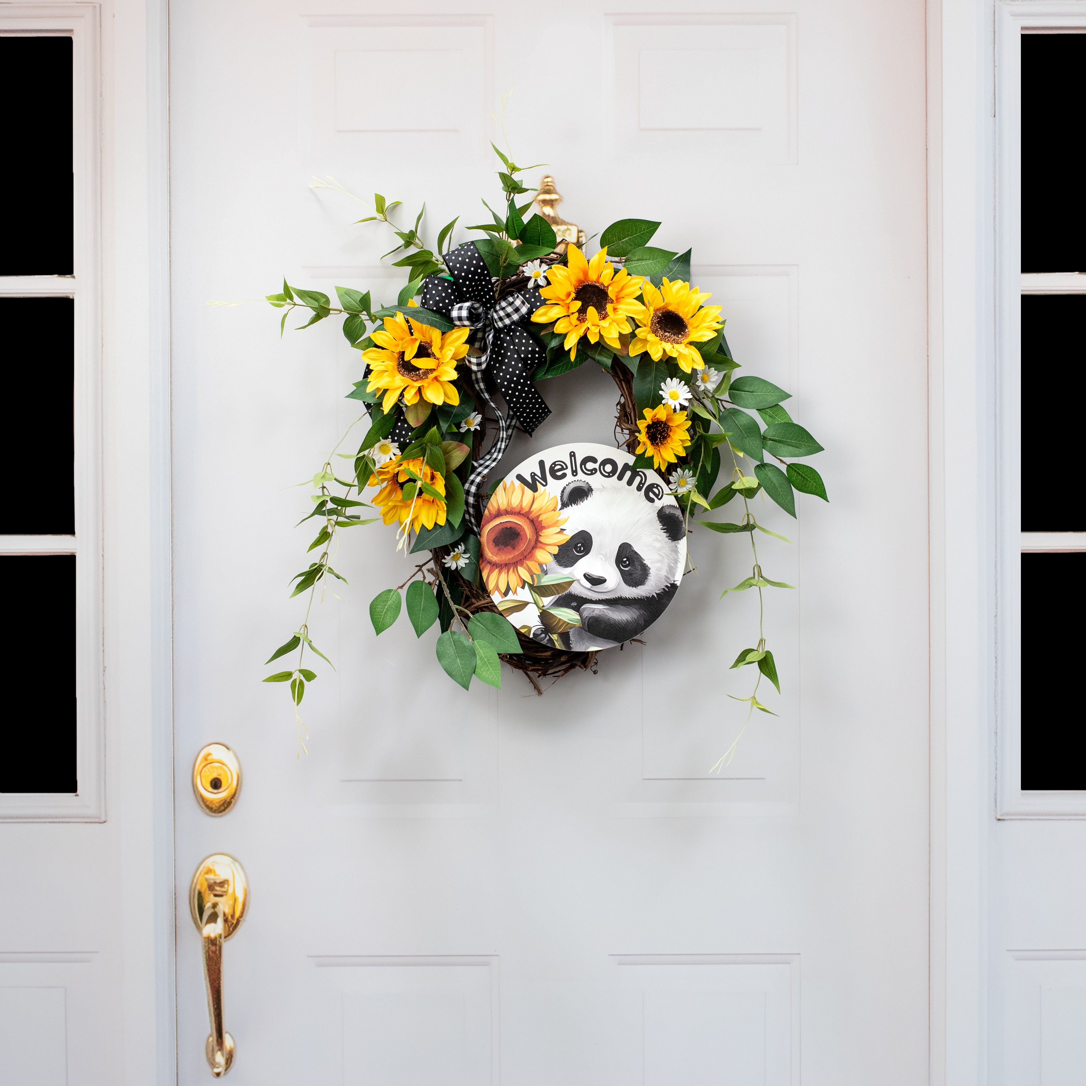 9.4" Round Waterproof Sign: Welcome Sunflower Panda