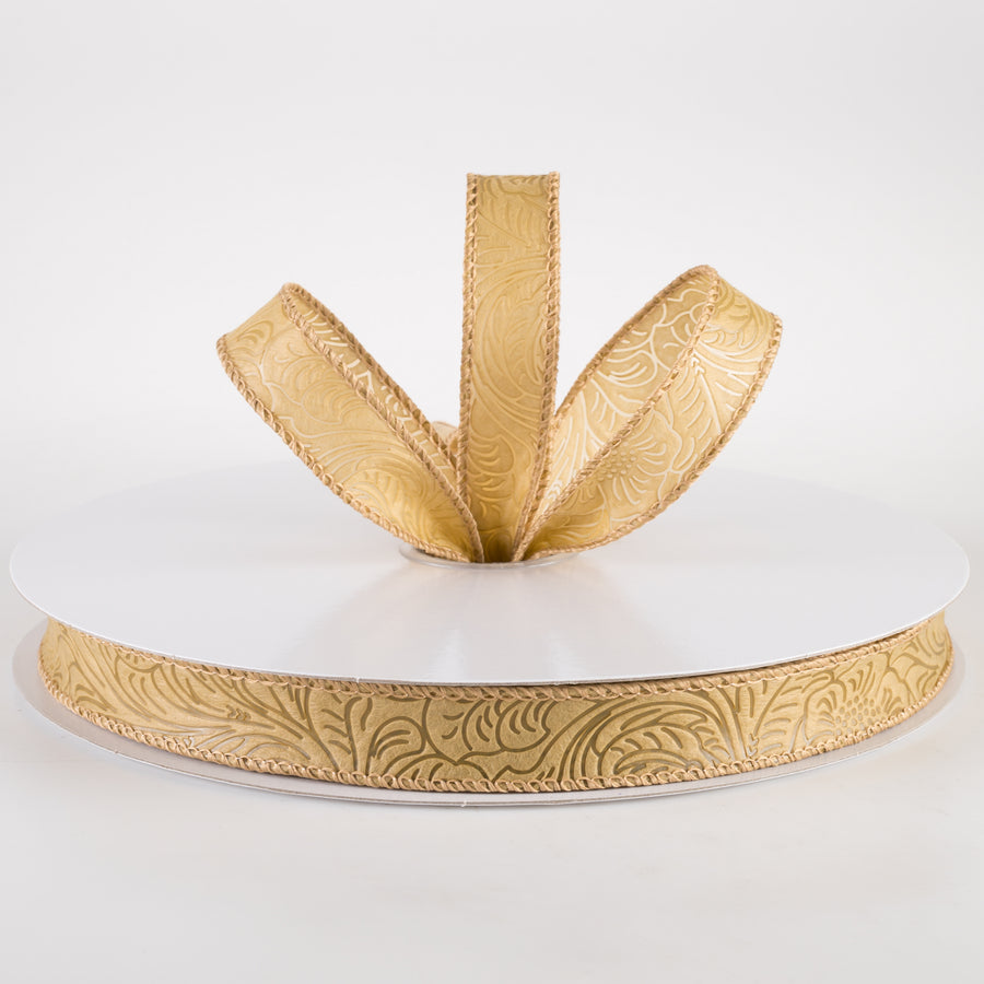 7/8" Embossed Flower Breeze Ribbon: Tan (50 Yards)