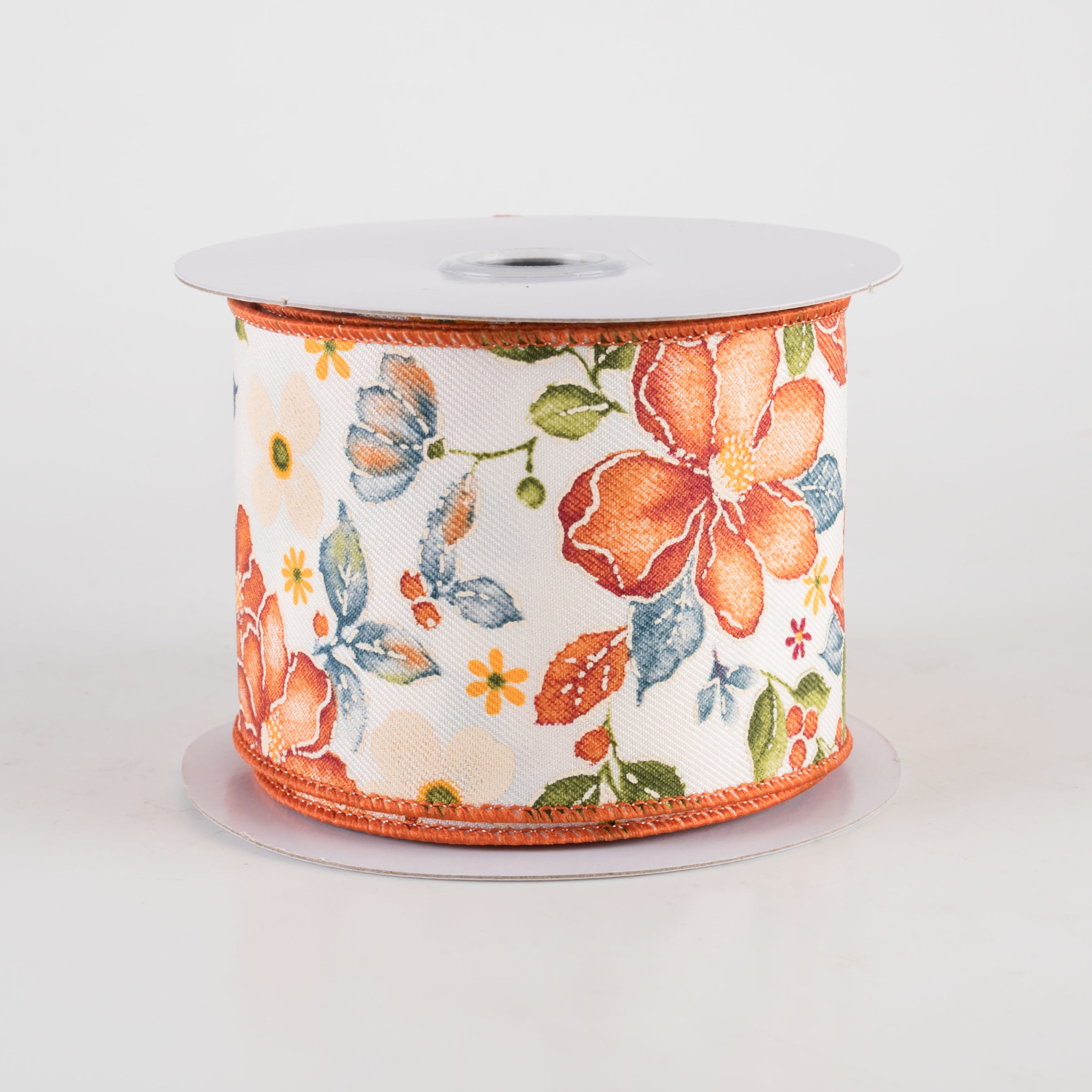 2.5" Watercolor Flowers Ribbon: Wine, Orange, Moss, Blue (10 Yards)