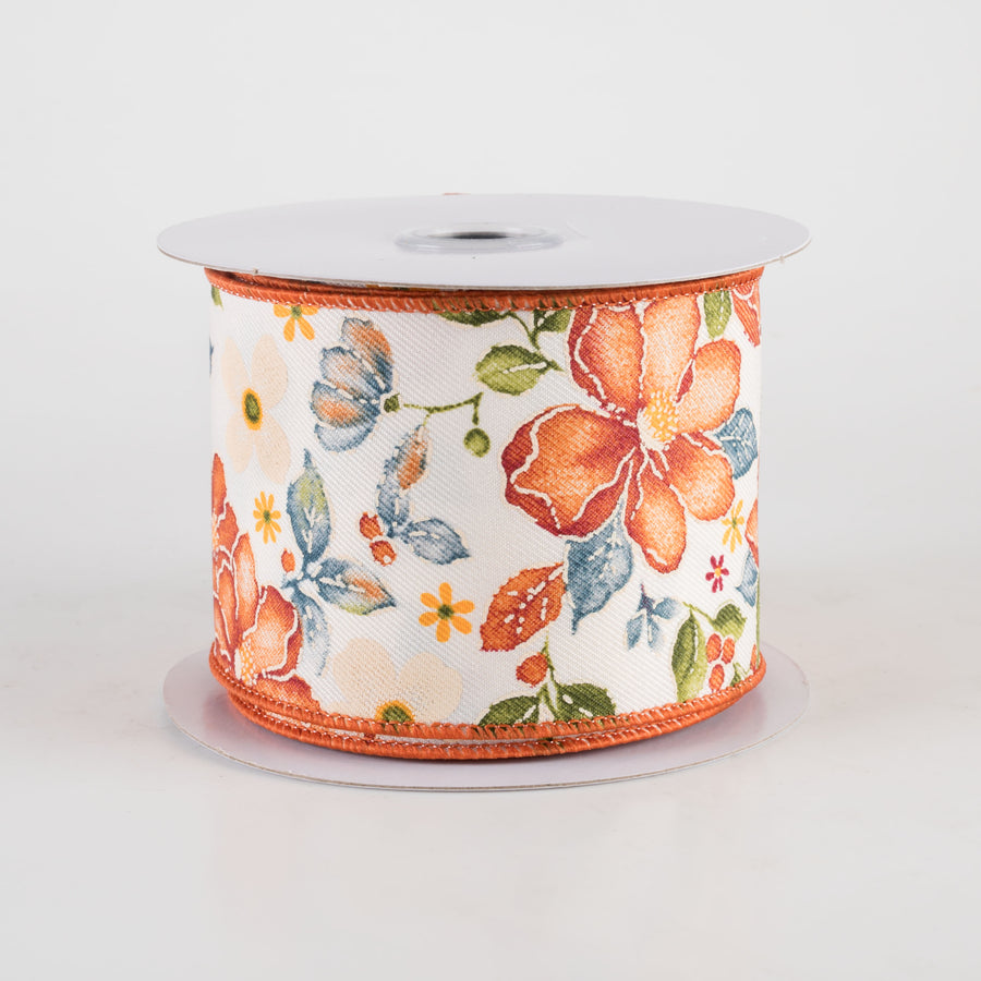2.5" Watercolor Flowers Ribbon: Wine, Orange, Moss, Blue (10 Yards)