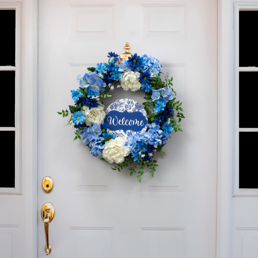 8.5" Round Waterproof Sign: Scalloped Welcome Blue Floral Chinoiserie