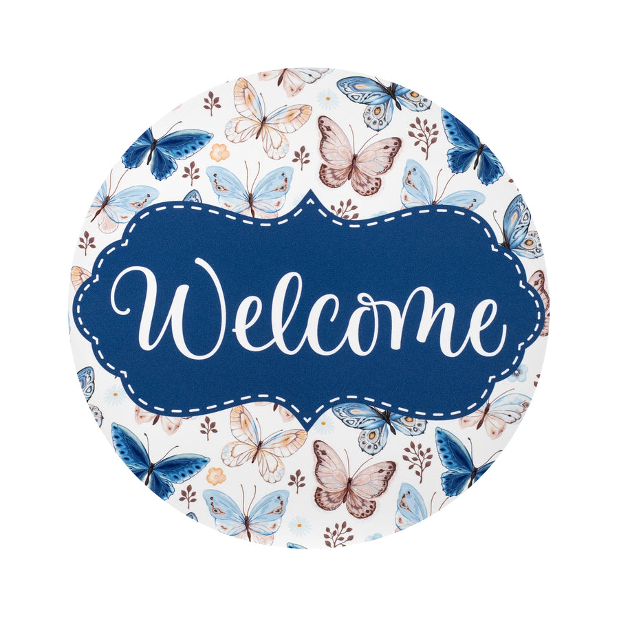 8.5" Round Waterproof Sign: Scalloped Welcome Blue Brown Butterflies
