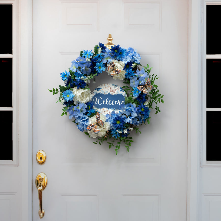 8.5" Round Waterproof Sign: Scalloped Welcome Blue Brown Butterflies