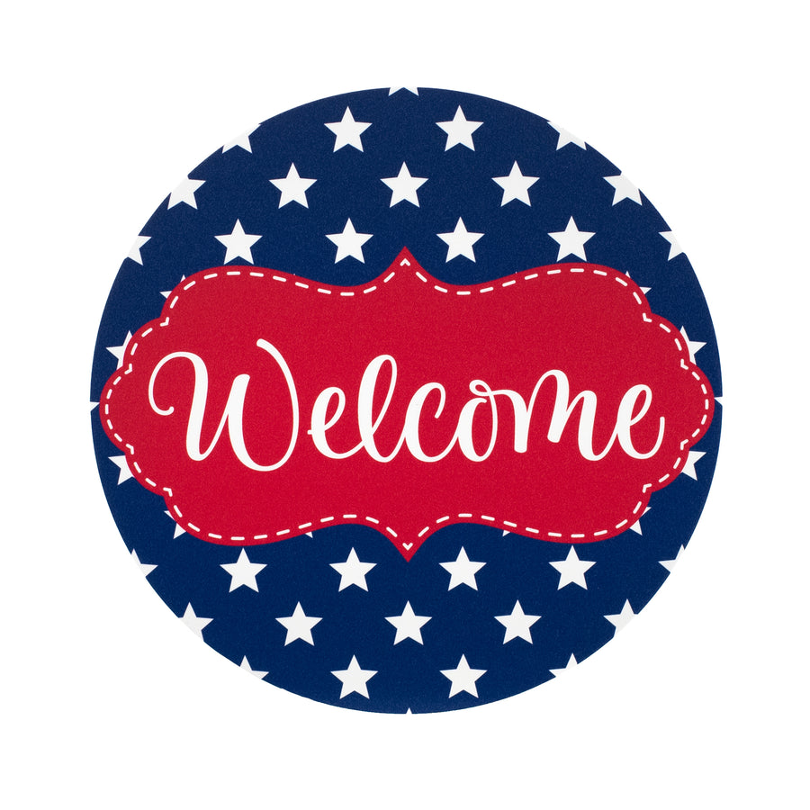 8.5" Round Waterproof Sign: Scalloped Welcome Patriotic Stars