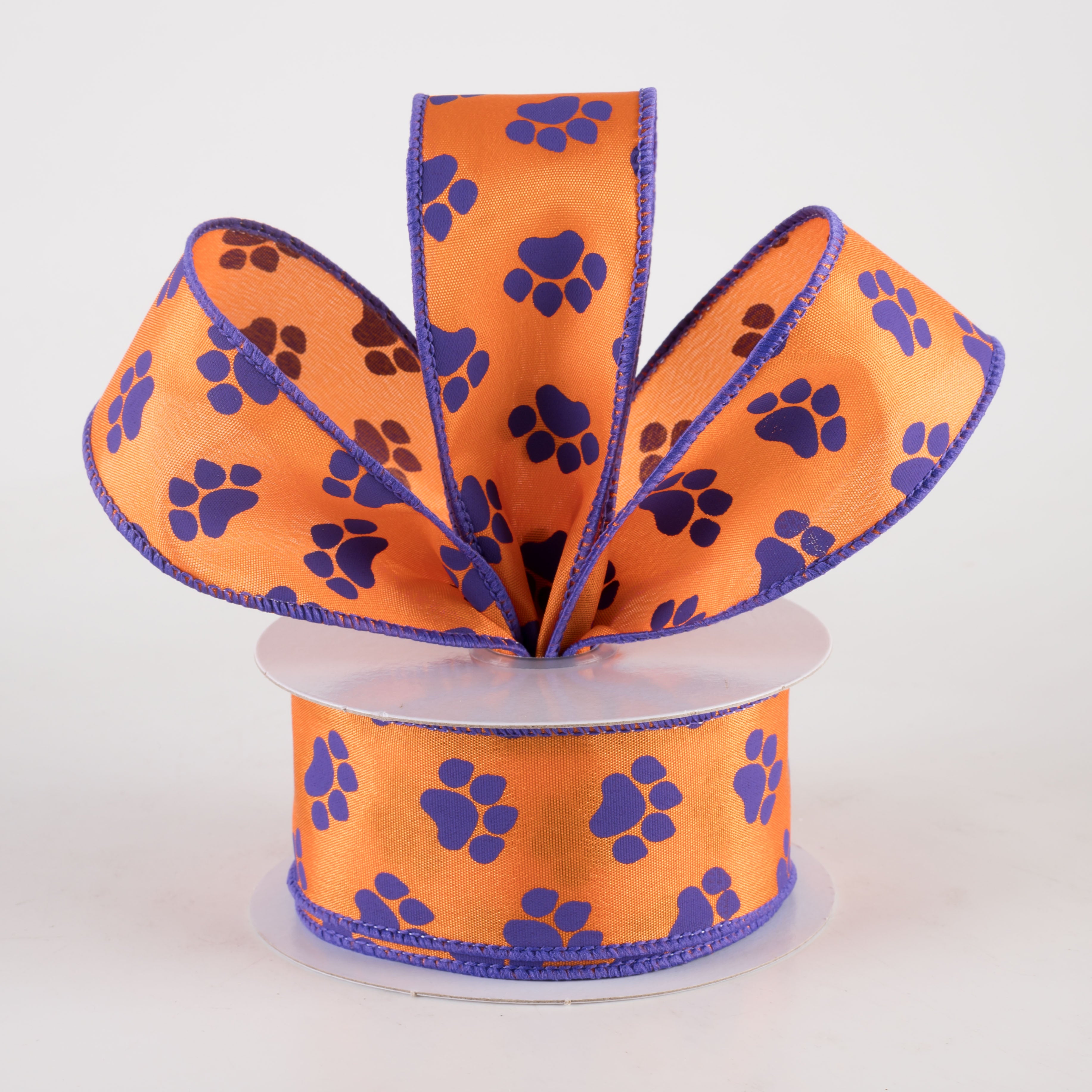 1.5" Paw Prints Ribbon: Orange & Purple (10 Yards)