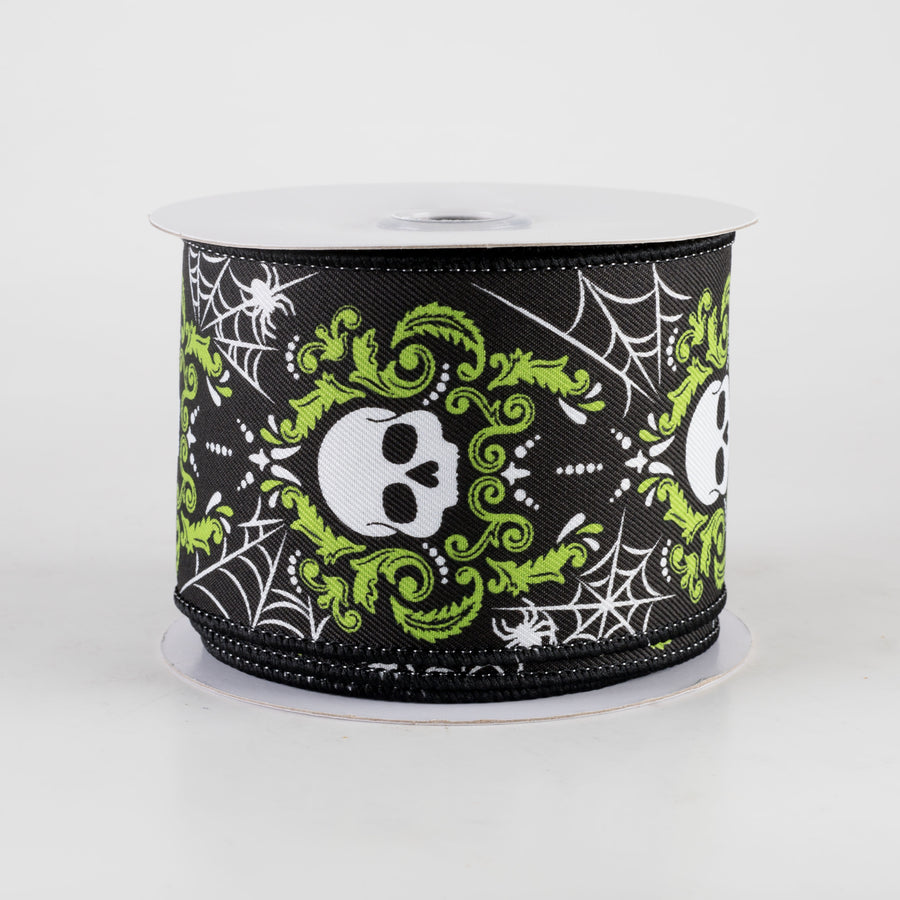 2.5" Damask Skull Ribbon: Black & Lime Green (10 Yards)