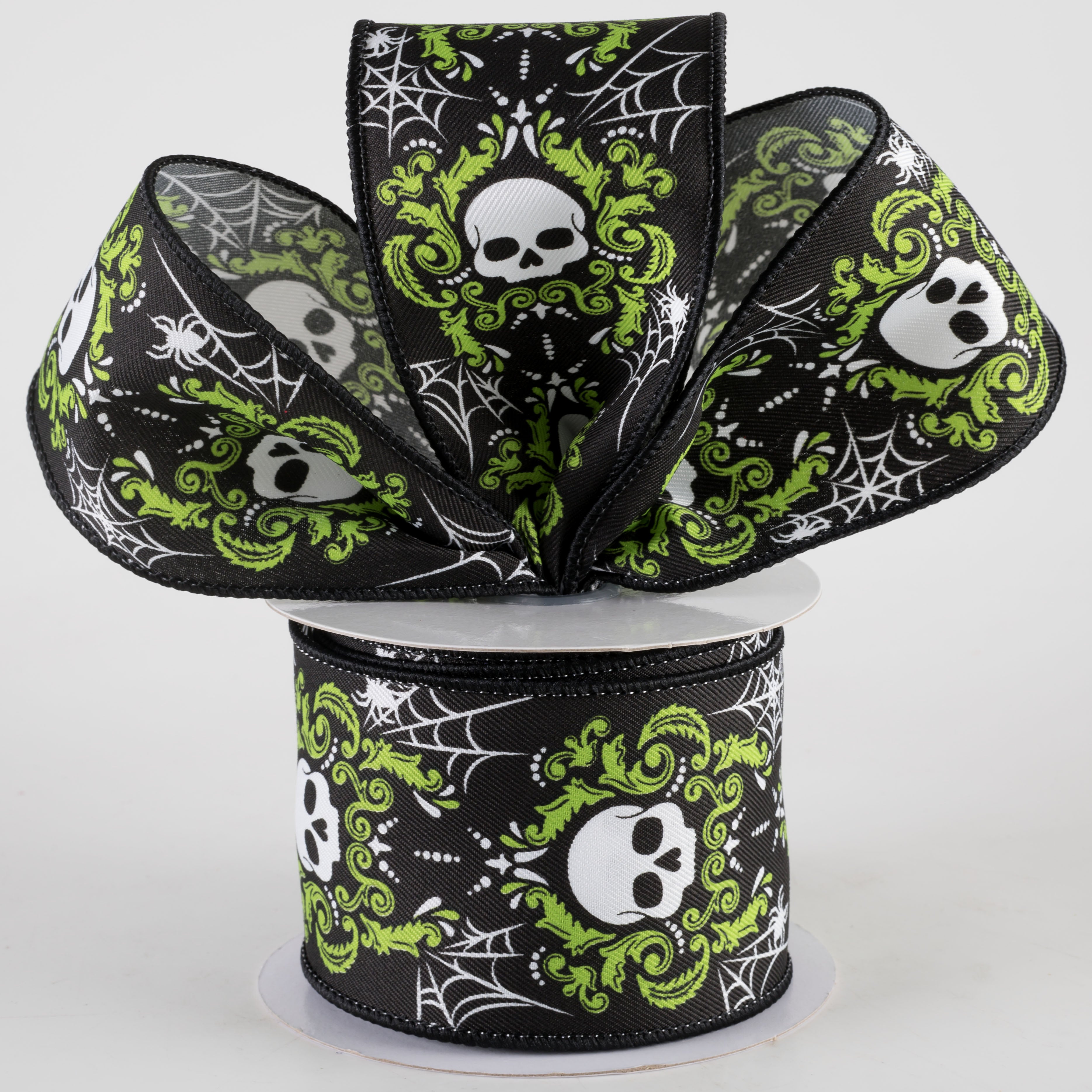 2.5" Damask Skull Ribbon: Black & Lime Green (10 Yards)