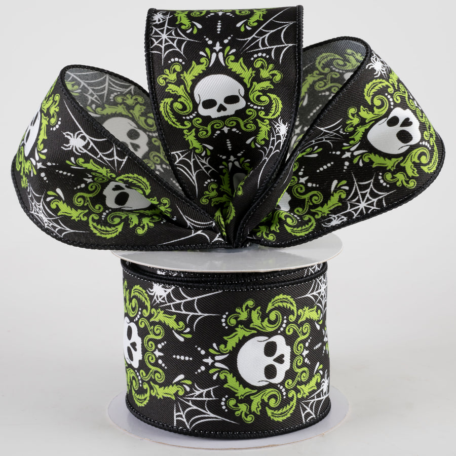 2.5" Damask Skull Ribbon: Black & Lime Green (10 Yards)