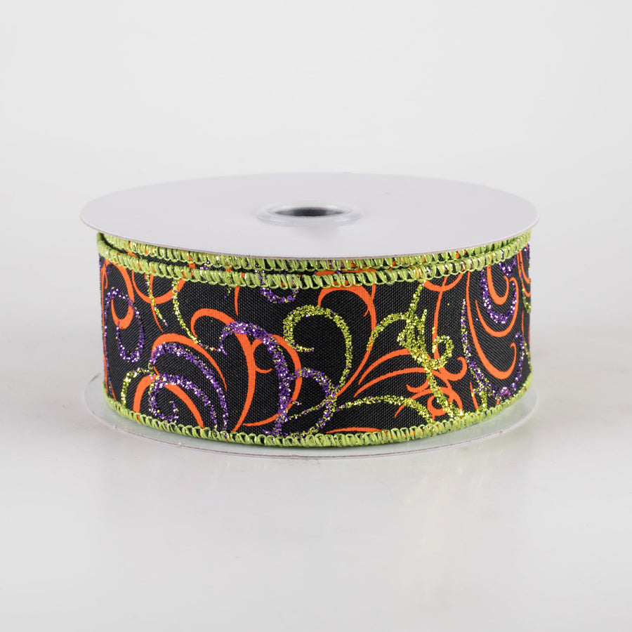 1.5" Glittered Multi Swirls Ribbon: Black, Orange, Purple, Lime (10 Yards)