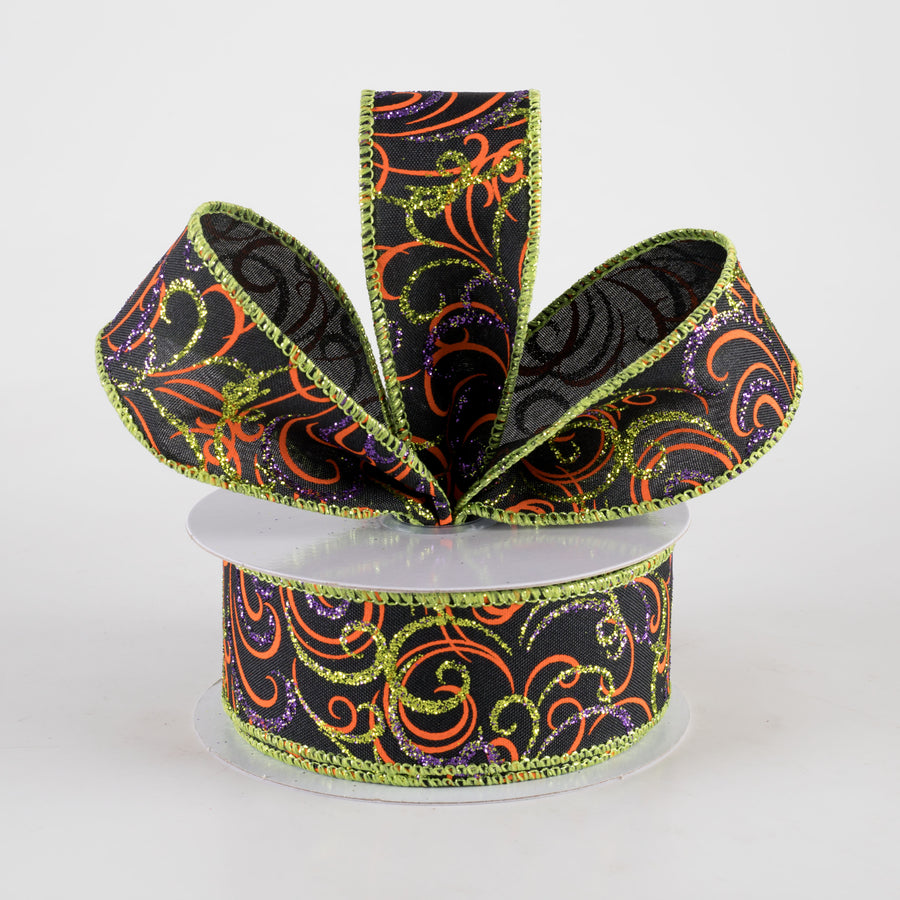 1.5" Glittered Multi Swirls Ribbon: Black, Orange, Purple, Lime (10 Yards)