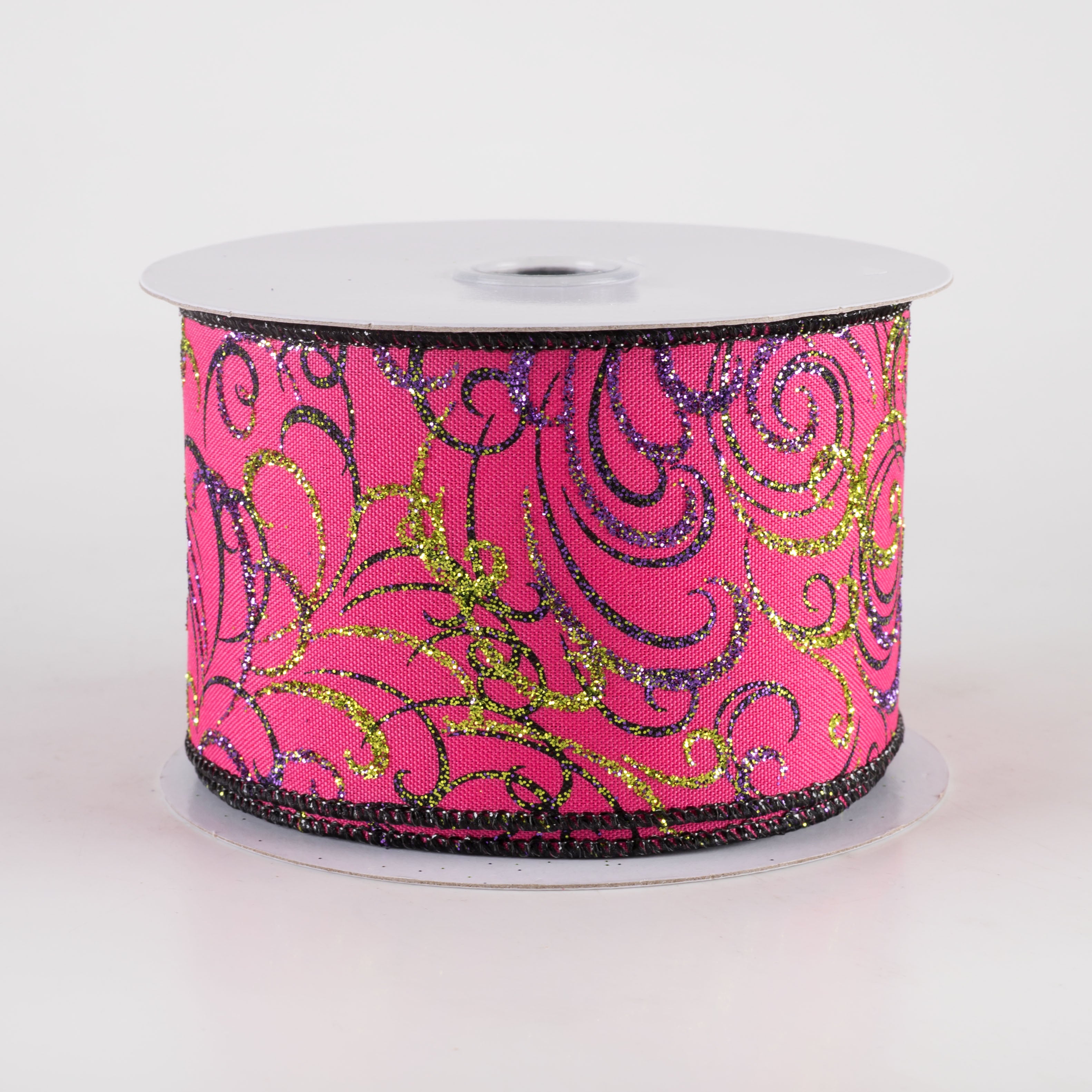2.5" Glittered Multi Swirls Ribbon: Hot Pink, Black, Purple, Lime (10 Yards)