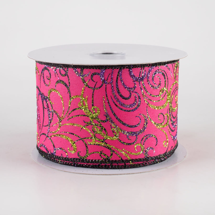 2.5" Glittered Multi Swirls Ribbon: Hot Pink, Black, Purple, Lime (10 Yards)