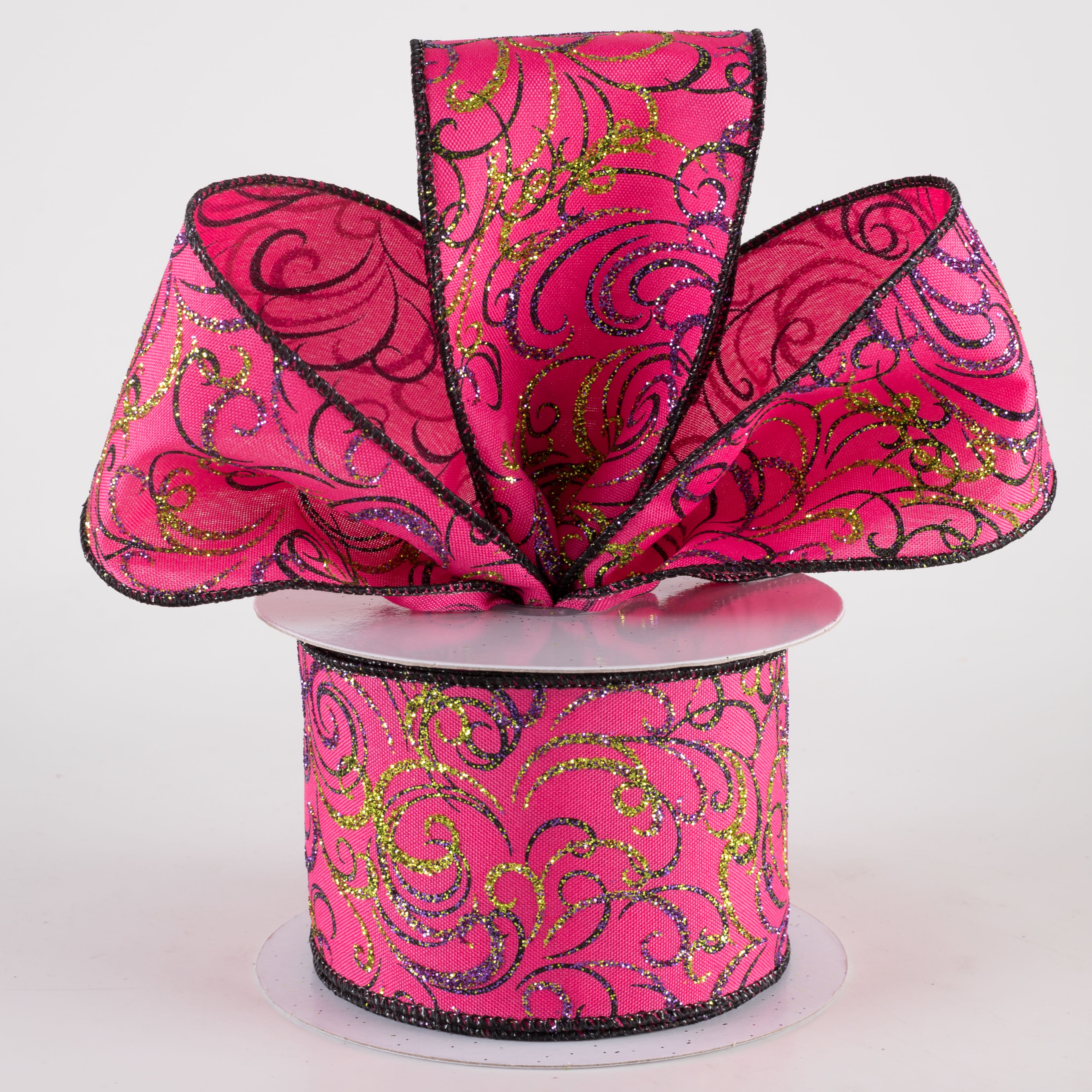 2.5" Glittered Multi Swirls Ribbon: Hot Pink, Black, Purple, Lime (10 Yards)
