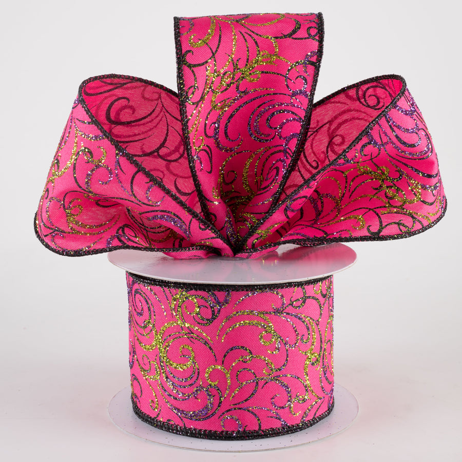 2.5" Glittered Multi Swirls Ribbon: Hot Pink, Black, Purple, Lime (10 Yards)