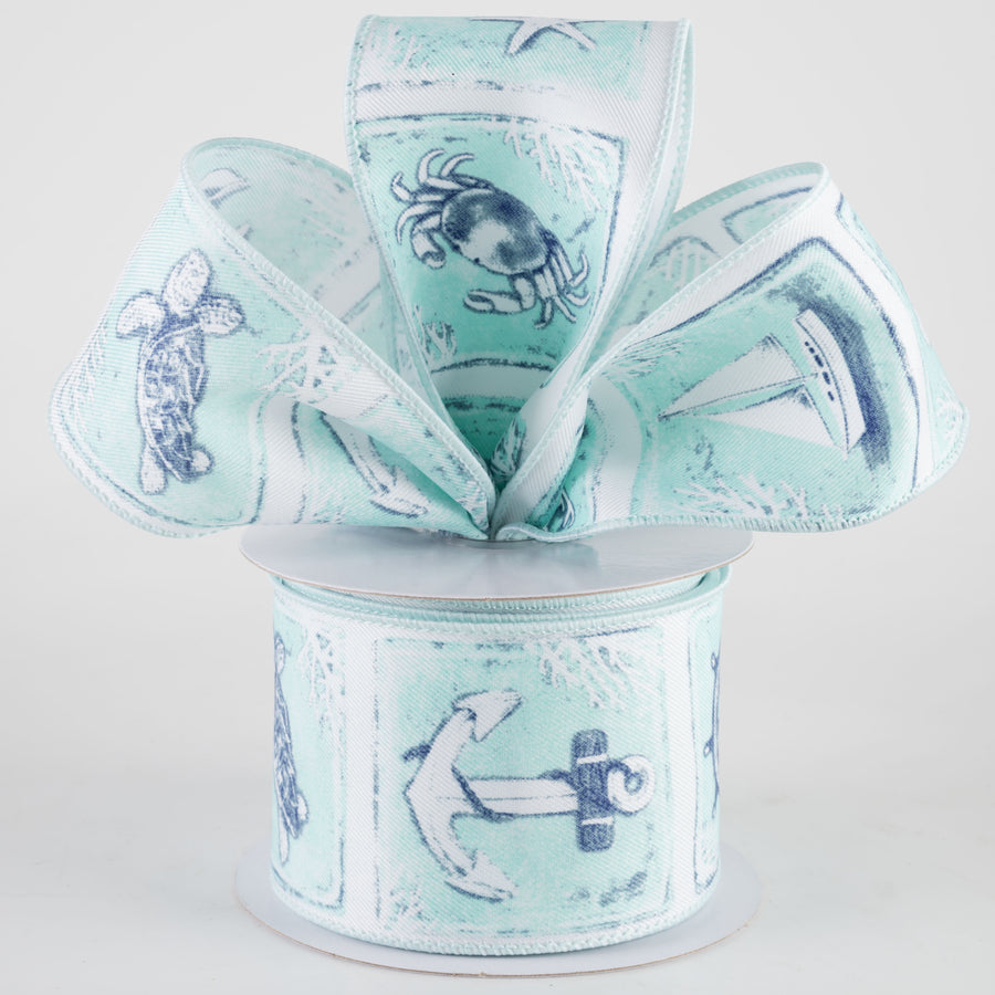 2.5" Coastal Blocks Ribbon: Turquoise on White (10 Yards)