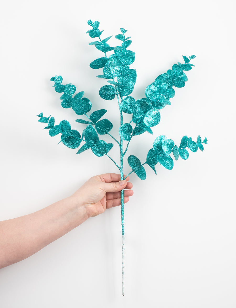 24" Glitter Eucalyptus Spray: Teal Blue