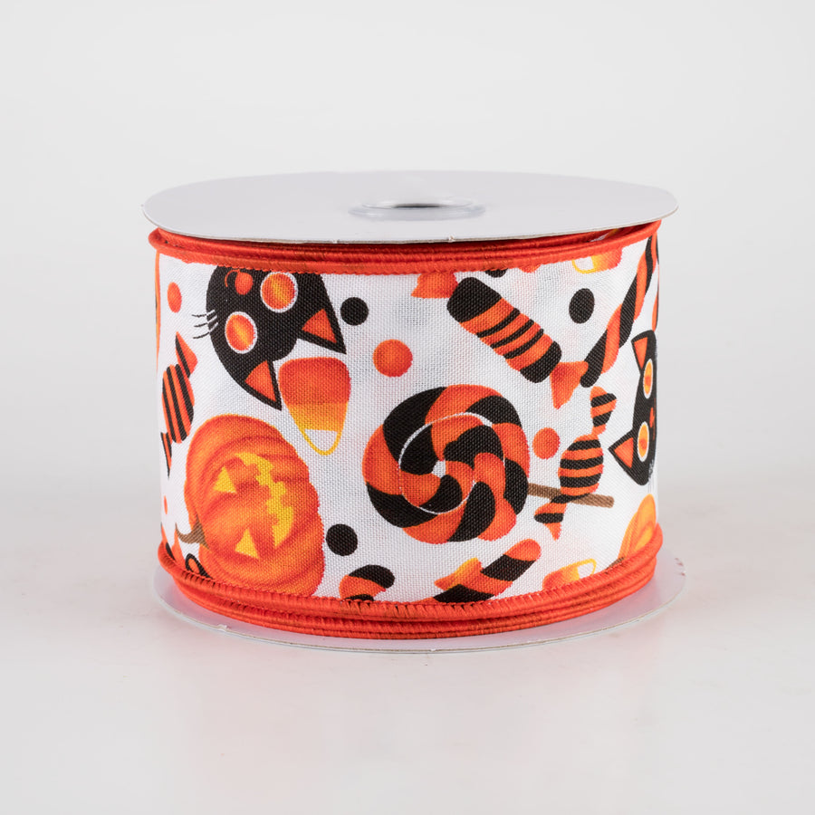 2.5" Halloween Pumpkin, Cat & Candy Ribbon: White (10 Yards)