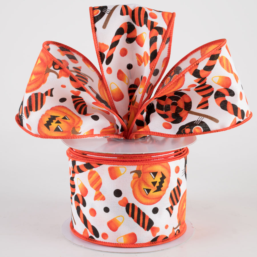 2.5" Halloween Pumpkin, Cat & Candy Ribbon: White (10 Yards)