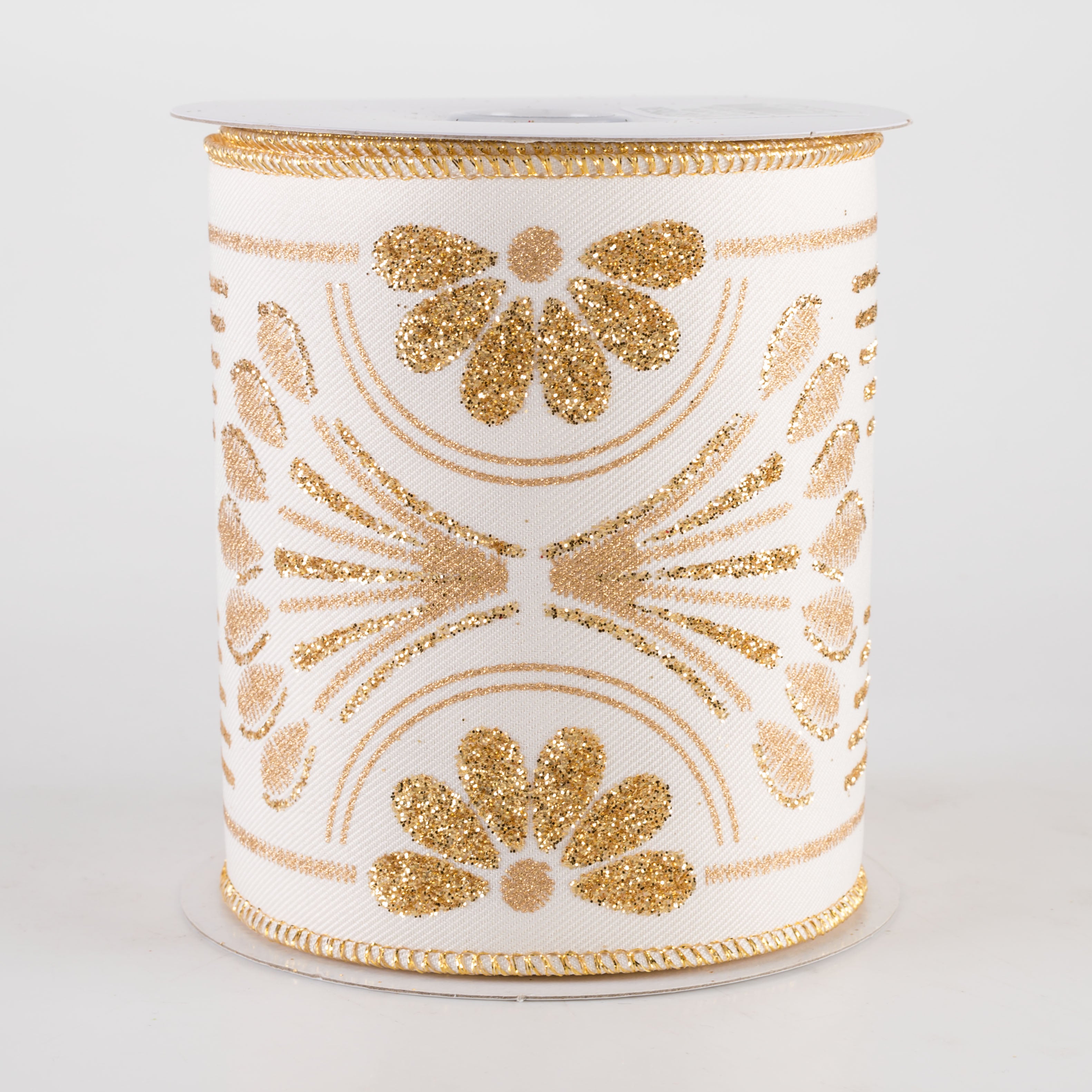 4" Bold Glittered Art Deco Ribbon: Ivory (10 Yards)