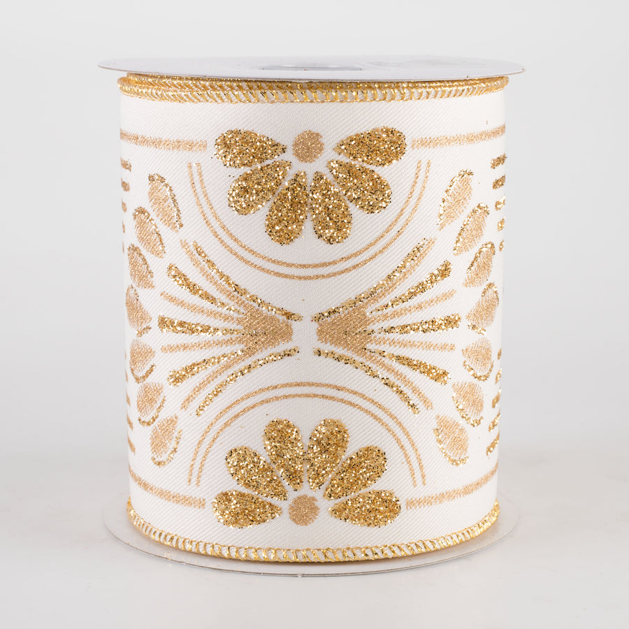 4" Bold Glittered Art Deco Ribbon: Ivory (10 Yards)