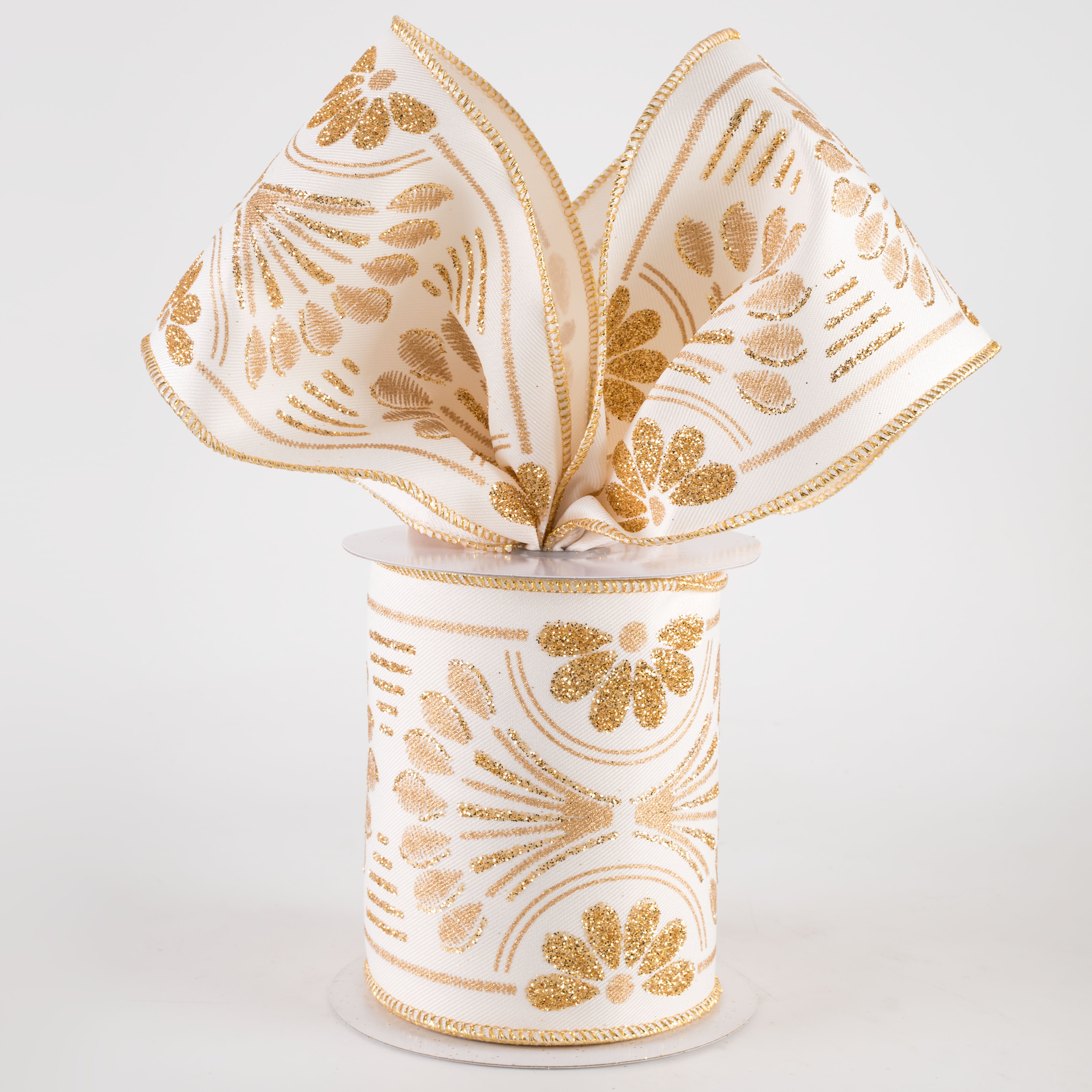 4" Bold Glittered Art Deco Ribbon: Ivory (10 Yards)