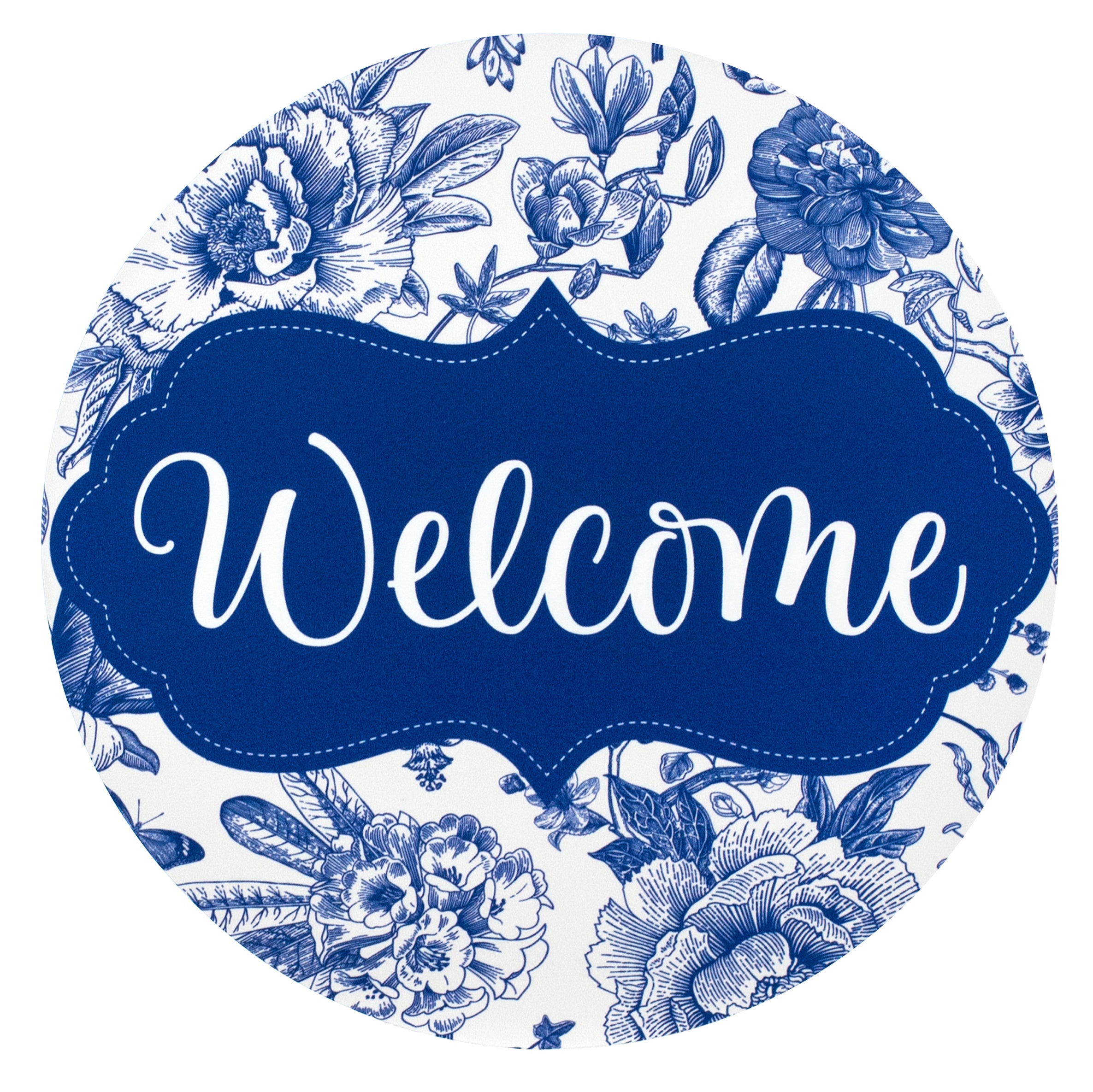 10.5" Round Waterproof Sign: Scalloped Welcome Blue Floral Chinoiserie