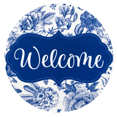 10.5" Round Waterproof Sign: Scalloped Welcome Blue Floral Chinoiserie