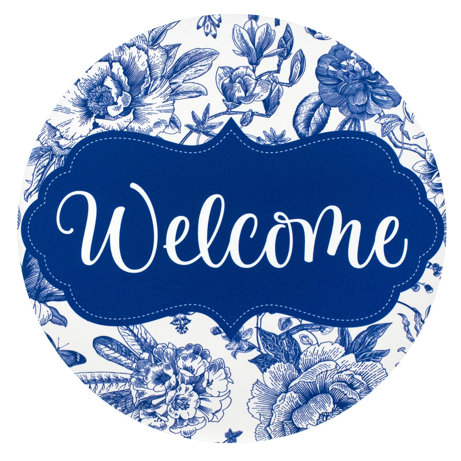 10.5" Round Waterproof Sign: Scalloped Welcome Blue Floral Chinoiserie