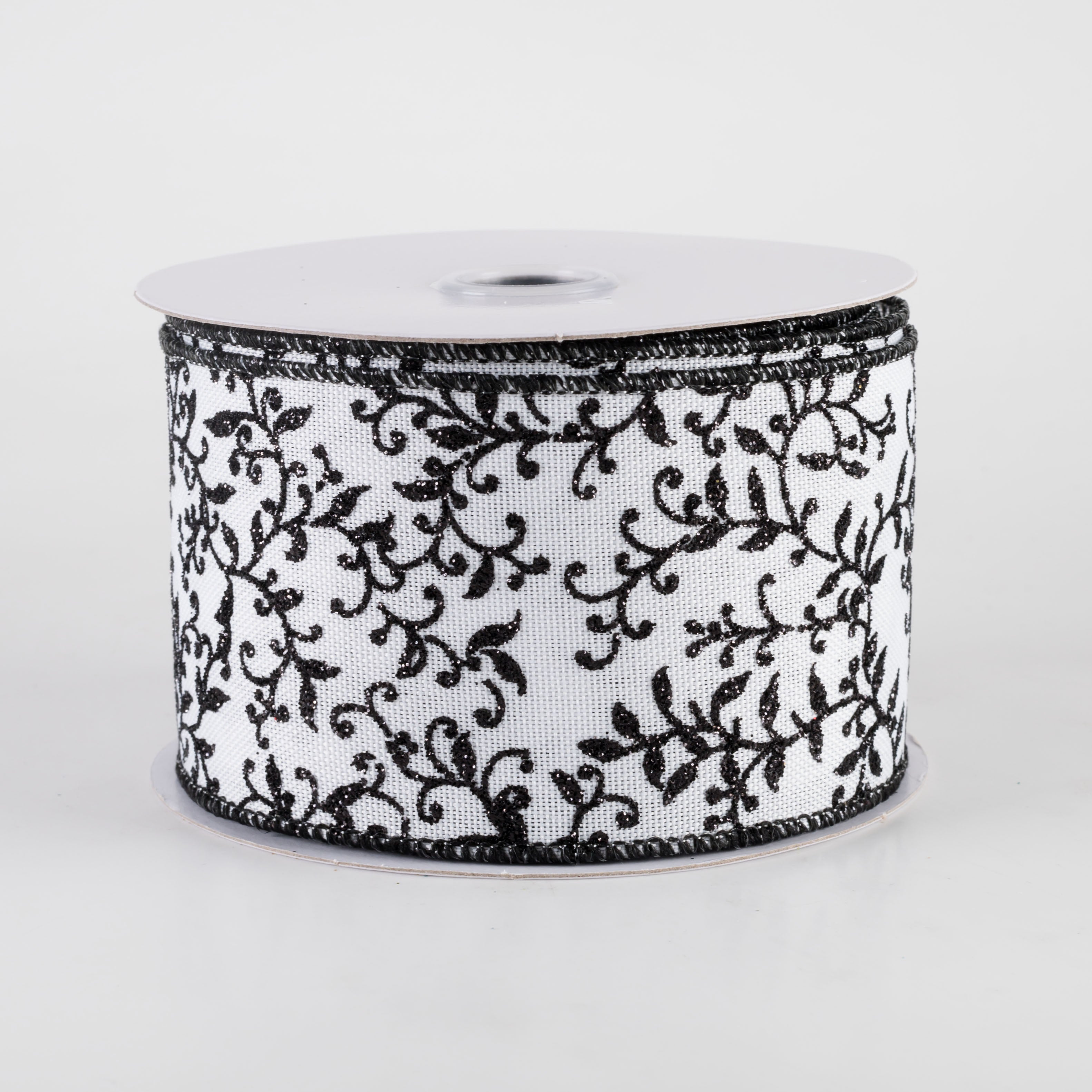 2.5" Glitter Mini Leaf Vines Ribbon: Black & White (10 Yards)