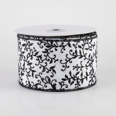 2.5" Glitter Mini Leaf Vines Ribbon: Black & White (10 Yards)