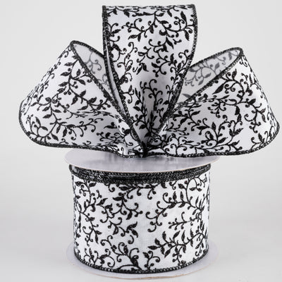 2.5" Glitter Mini Leaf Vines Ribbon: Black & White (10 Yards)