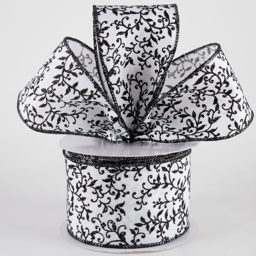 2.5" Glitter Mini Leaf Vines Ribbon: Black & White (10 Yards)