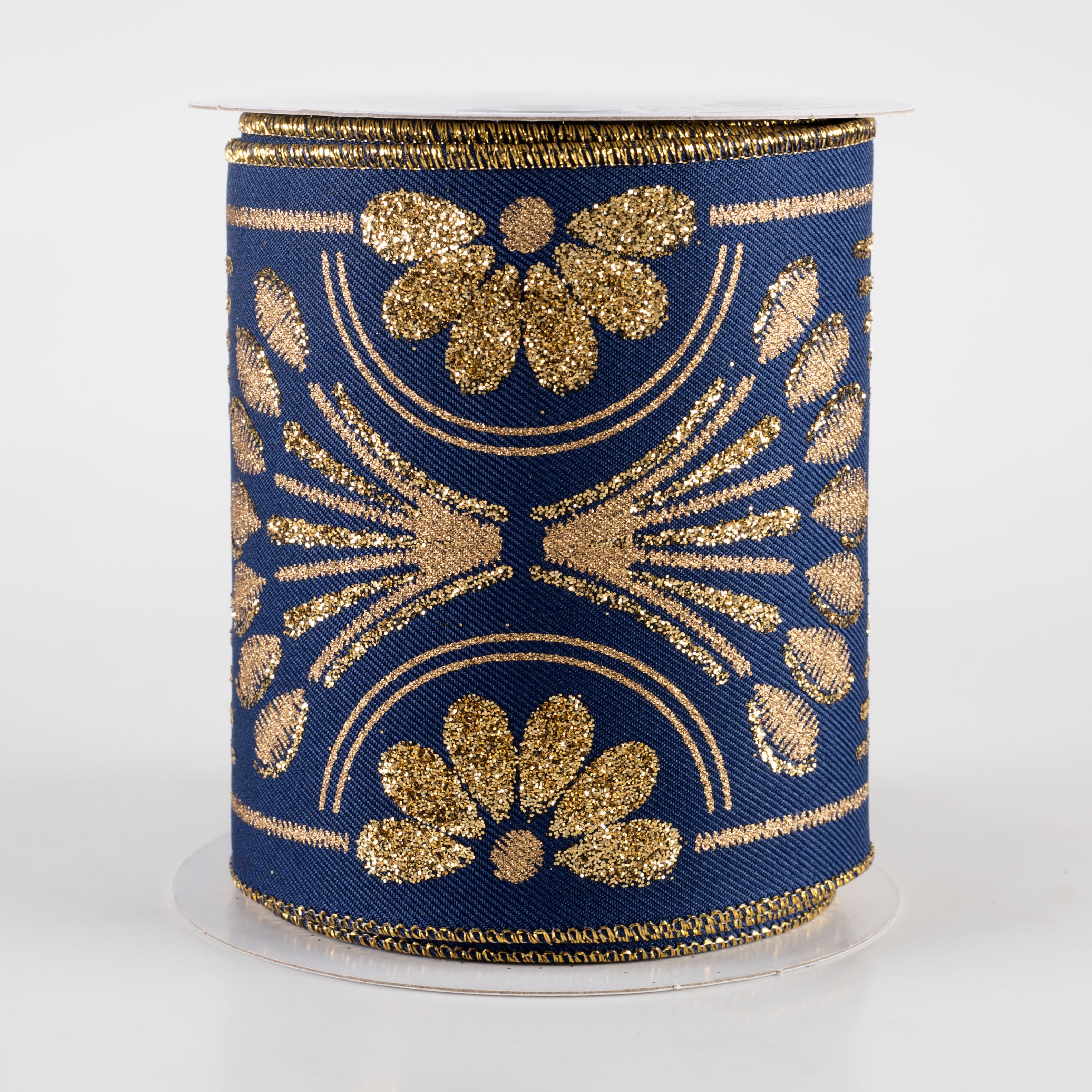 4" Bold Glittered Art Deco Ribbon: Navy Blue (10 Yards)