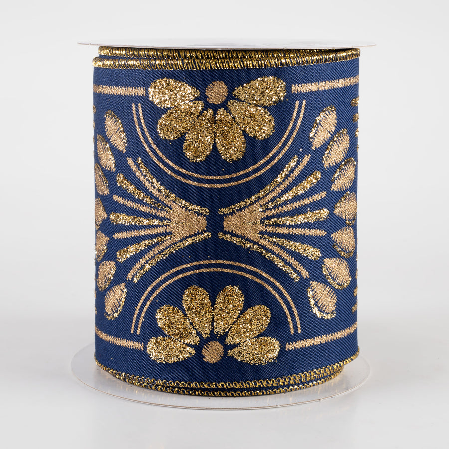 4" Bold Glittered Art Deco Ribbon: Navy Blue (10 Yards)