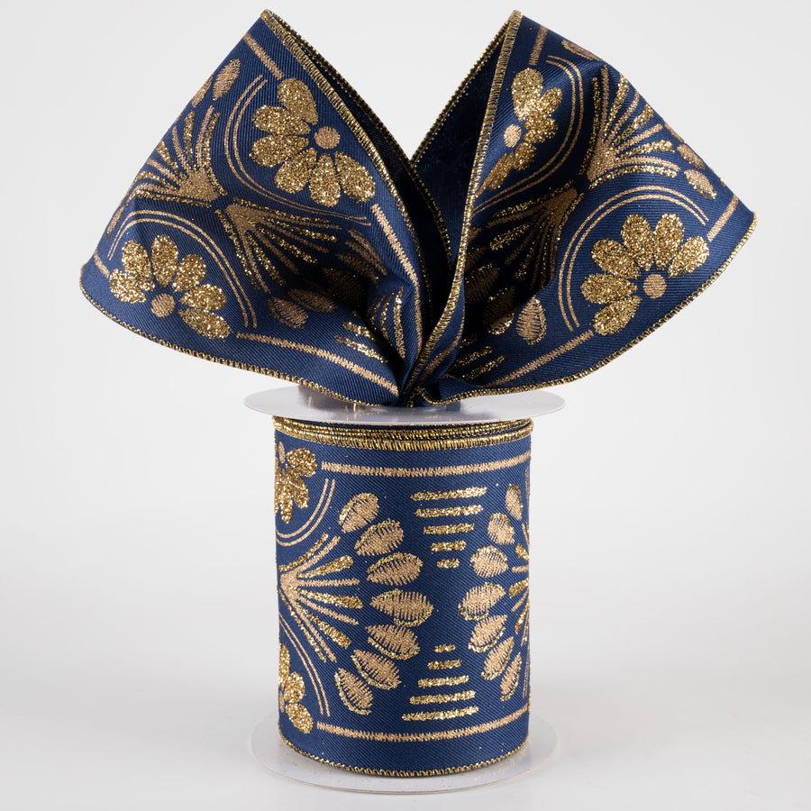 4" Bold Glittered Art Deco Ribbon: Navy Blue (10 Yards)