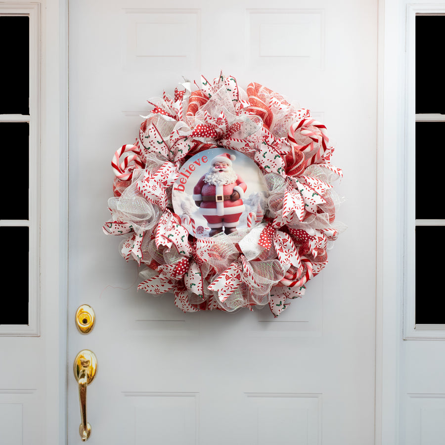 10.5" Round Waterproof Sign: Candy Cane 3D Santa Believe