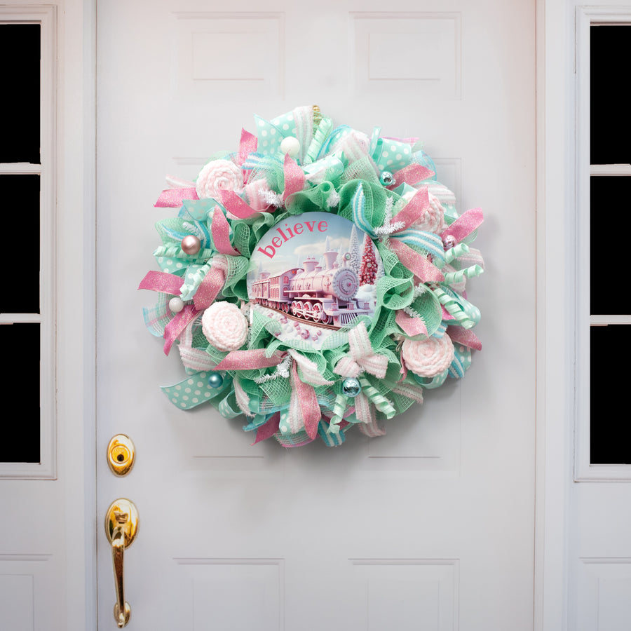 10.5" Round Waterproof Sign: Pink Winter Wonderland Train Believe