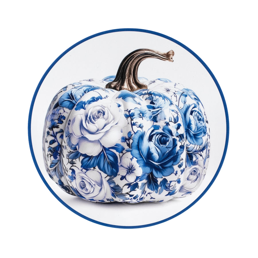 8.5" Round Waterproof Sign: Blue & White Roses Floral Pumpkin