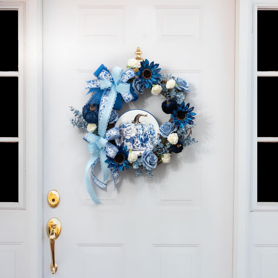 8.5" Round Waterproof Sign: Blue & White Roses Floral Pumpkin