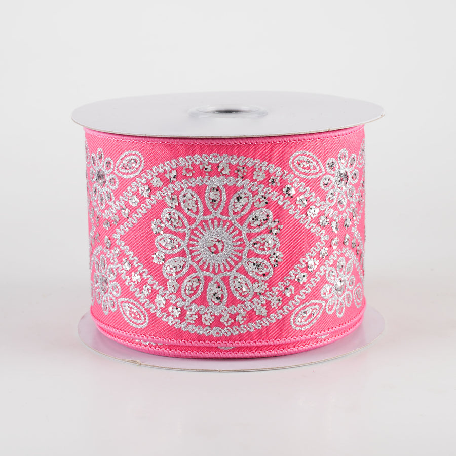 2.5" Deluxe Wavy Floral Ribbon: Hot Pink & Silver (10 Yards)