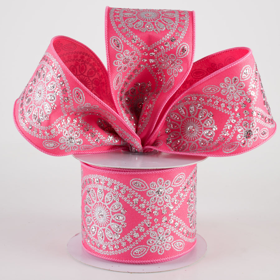2.5" Deluxe Wavy Floral Ribbon: Hot Pink & Silver (10 Yards)