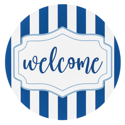 10.5" Round Waterproof Accent Sign: French Blue Scalloped Stripe Welcome