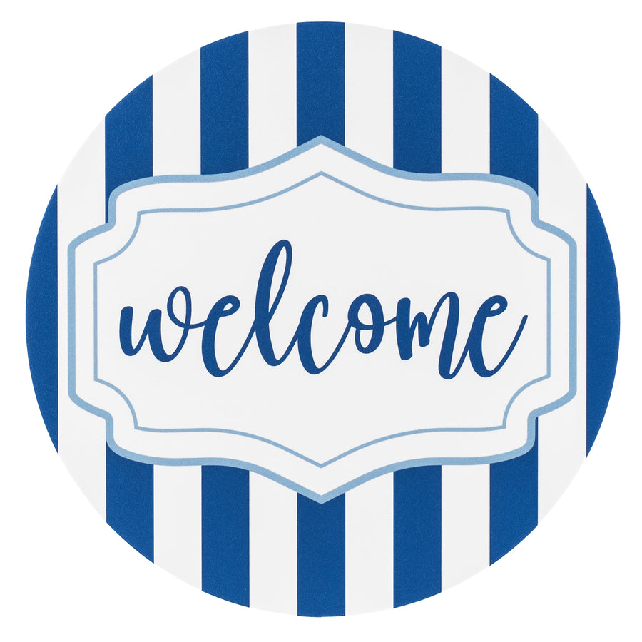 10.5" Round Waterproof Accent Sign: French Blue Scalloped Stripe Welcome