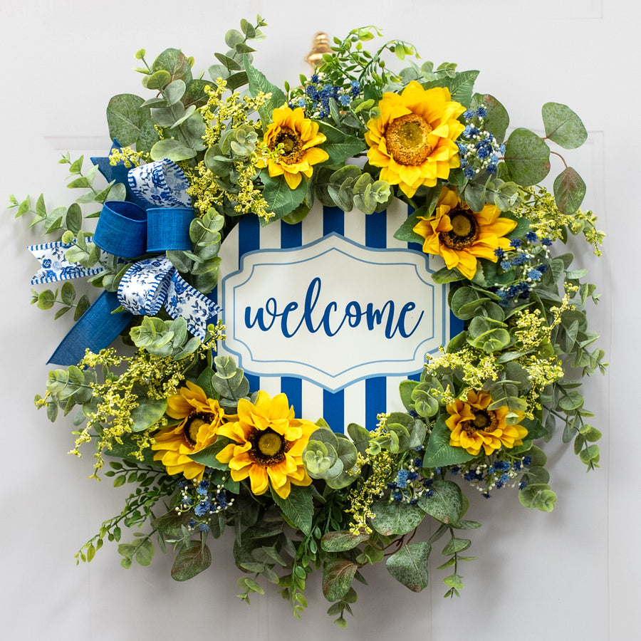 10.5" Round Waterproof Accent Sign: French Blue Scalloped Stripe Welcome